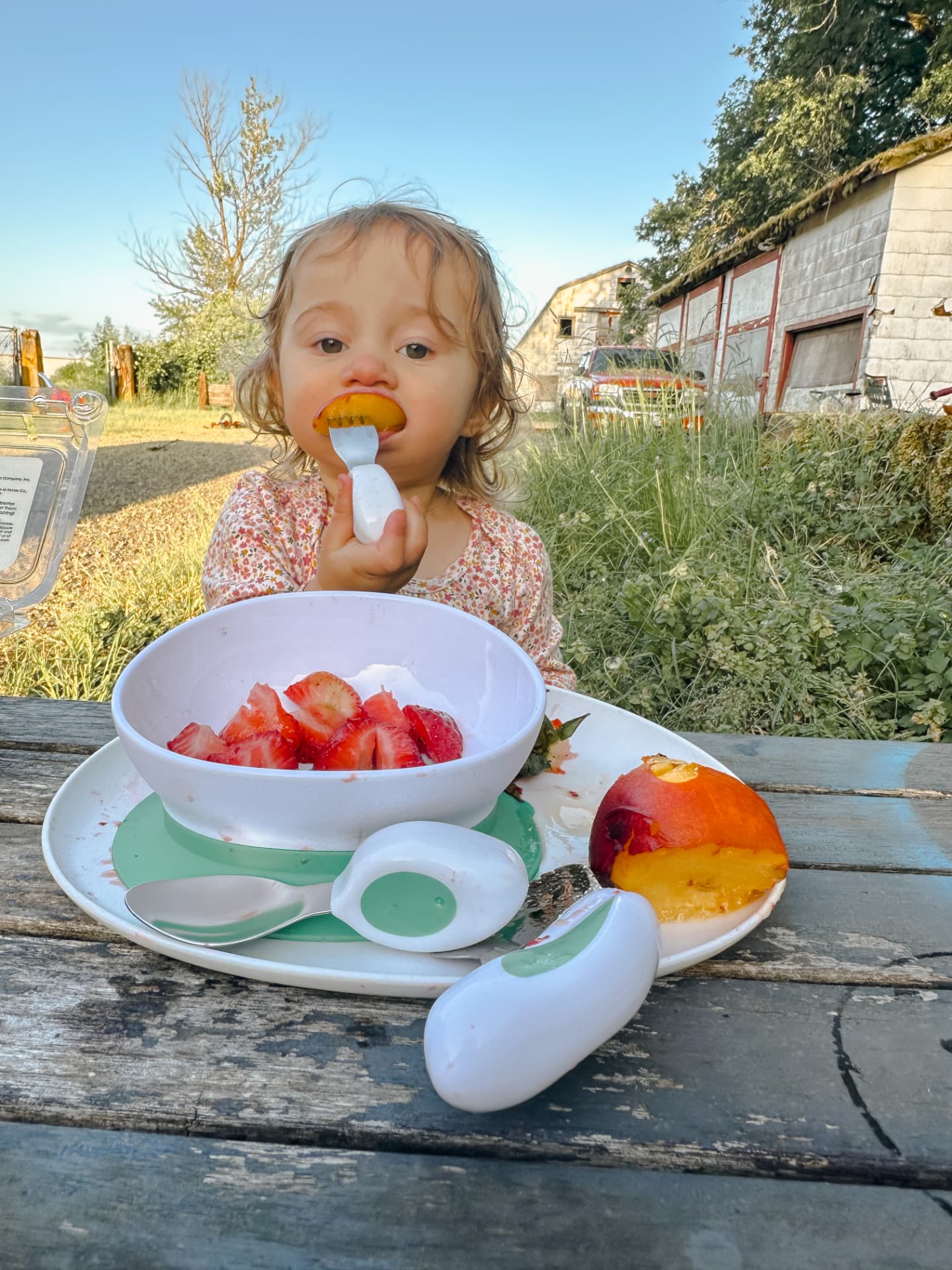 Mažylė valgo persiką su Doddl šakute